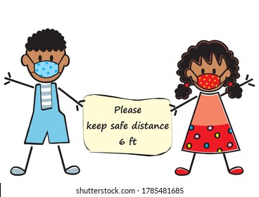 Two little kids hold banner. Please keep safe distance 6 ft. Vector illustration on white background.