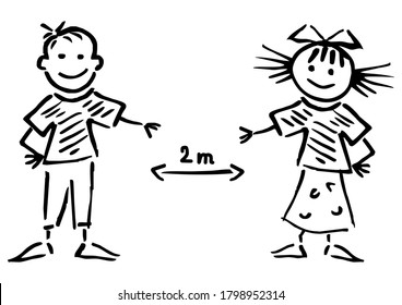 Two little kids, keep safe distance two meters, funny vector illustration