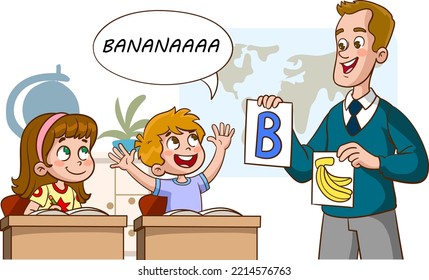 Two little kids learning alphabet with teacher in kindergarten. Smiling school teacher teaching cute children in bright classroom. Flat cartoon vector illustration