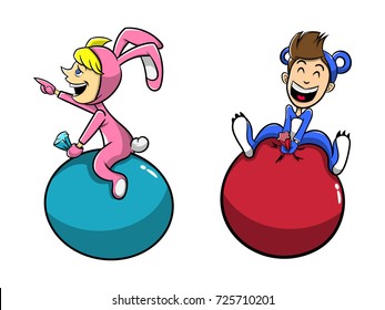 Two Little Kids play jumping with balloon cartoon vector eps10