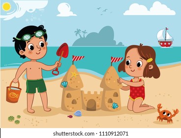 Two little kids playing on the beach. Outdoor activity. Isolated on white. Vector illustration.
