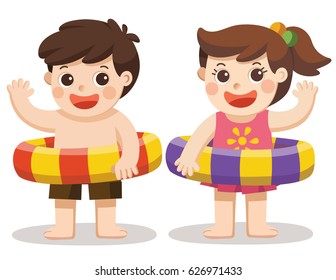 Two Little Kids Say Hi In Swimming Suit.