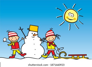 Two little kids with snowman, boy and girl with sledge, winter leisure activities, cute vector illustration
