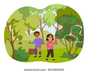 Two little kids are walking collecting mushrooms and berries in the forest. Concept of forest school movement activities. Mushroom hunting, picking wild berries. Flat cartoon vector illustration