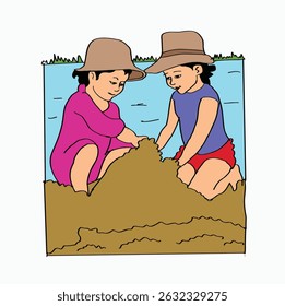 two little kids wearing hats playing in the sand. Cartoon Style Illustration
