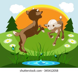 two little kitten playing on the summer 
meadow