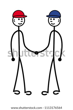 Two little men in red and blue hats shake hands. Cartoon funny drawing. Vector graphics.