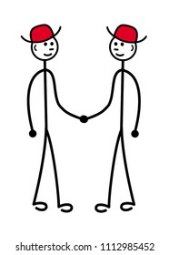 Two little men in red hats shake hands. Cartoon funny drawing. Vector graphics.