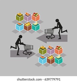 Two Little Men Running around the Supermarket with Carts and Buying Food. Vector Illustration
