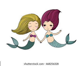 Two little mermaid.  Siren. Sea theme. Hand drawn vector illustration on a white background. 