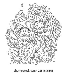 Two little mermaids with skull wreath. Sea princess. Underwater fish girl creature. Sewaeeds, skulls, bones. Coloring page for kids. Cartoon vector illustration. Isolated on white. Outlined artwork