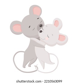 Two little mice kissing and hugging. Cute family in love. Vector flat illustration isolated on white background