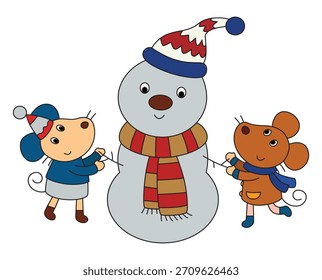 Zwei kleine Mäuse machen Schneemann flache Vektorgrafik