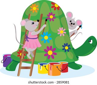 Two little mice painting a big turtle