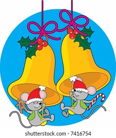 Two little mice swinging on the clappers of Christmas bells