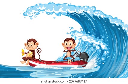 Two little monkeys on a boat with ocean wave illustration