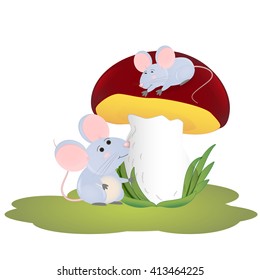 two little mouse sitting next to a mushroom