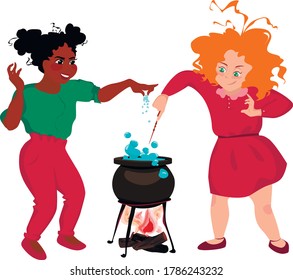 Two little multinational witches are making potion in a cauldron. Best friends make fun and look like ordinary girls though are completely magic. Vector illustration.