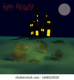 Two little mummies want to catch a fat cat with a match at Halloween night near the castle.