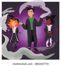 Two little naughty witches and an adult wizard are doing magic. The man holds magic wand and a grumpy spider that was put under a spell. Vector illustration with dark mystic background.