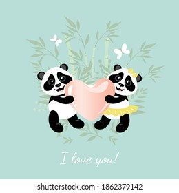 Two little pandas in love hold a big heart. Illustration for children.