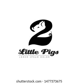 Two Little Pigs. Logo based on the fairy tale. Logotype with number 2, pig face and perky tail.