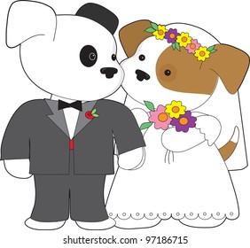 Two little puppies, one dressed in a tuxedo, the other in a wedding gown with flowers in her hair, are about to be married.