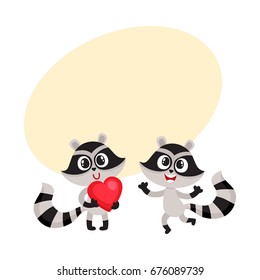 Two little raccoon characters, one holding big red heart, another jumping from happiness, cartoon vector illustration with space for text. Happy little raccoon friends showing joy and love