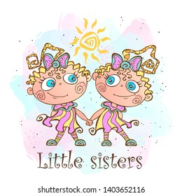 Two little sisters. Twin girls. Vector.