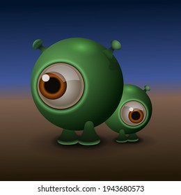 Two little spherical cyclops aliens in their planet. Vector Illusttation