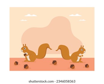 Two little squirrels are picking up nuts that have fallen to the ground from an oak tree, in the autumn forest. Character design. Vector flat illustration