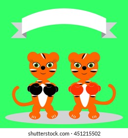 two little tiger with boxing gloves and banner