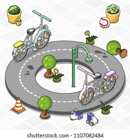 Two little toy bicycles riding around a circular track, decorated with miniature trees, lantern and roller skates (vector illustration, isometric)