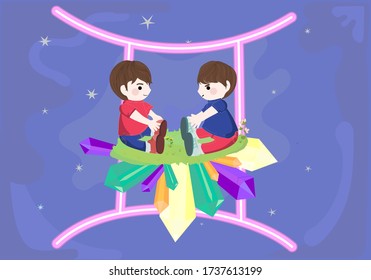 two little twins in the space, gemini vector illustration