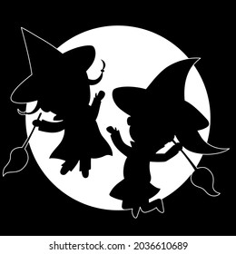 Two little witch jumping above full moon. Halloween sticker.