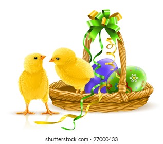 two little yellow chicken with easter eggs in the basket - vector illustration