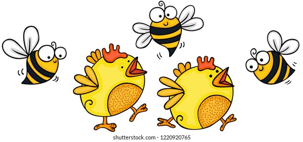 Two little yellow chicks with bees
