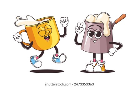 Dos Animados Personajes De Estilo Retro De Vector De Dibujos Animados De Producto Lechero. Alegre Taza Amarilla Con Leche Salpicada, Y Olla Juguetona