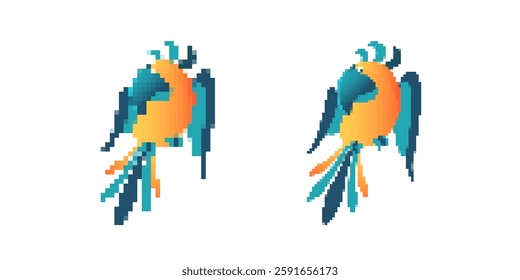 Two lively pixel art parrots showcasing vivid colors and abstract shapes with a dynamic artistic flair.