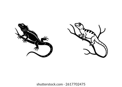 Two Lizards On Branches Graphic Black And White Vector Illustration