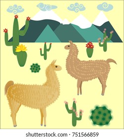 Two Llama, alpaca of brown color, with bright saddles on the background of mountains, cacti, clouds