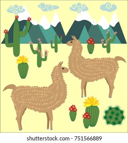 Two Llama, alpaca of brown color, with bright saddles on the background of mountains, cacti, clouds