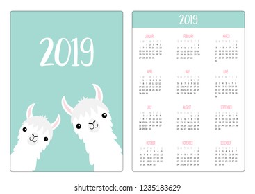 Two llama alpaca face neck framily set. Simple pocket calendar layout 2019 new year. Week starts Sunday. Cute cartoon character. Vertical orientation. Flat design. Blue background. Vector illustration