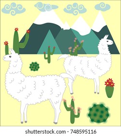 Two Llama, alpaca of white color, with bright saddles on the background of mountains, cacti, clouds