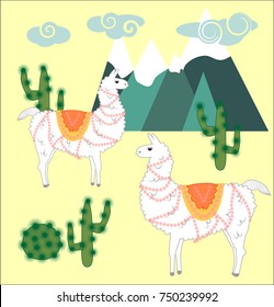 Two Llama, alpaca of white color, with bright saddles on the background of mountains, cacti, clouds