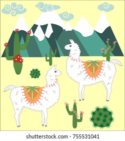 Two Llama, alpaca of white color, with bright saddles on the background of mountains, cacti, clouds