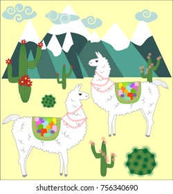Two Llama, alpaca of white color, with bright saddles on the background of mountains, cacti, clouds