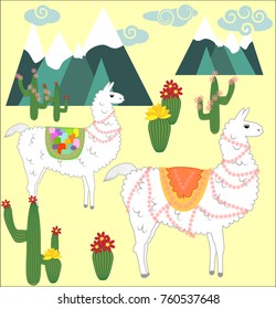 Two Llama, alpaca of white color, with bright saddles on the background of mountains, cacti, clouds