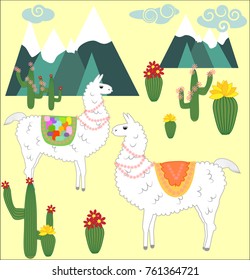 Two Llama, alpaca of white color, with bright saddles on the background of mountains, cacti, clouds