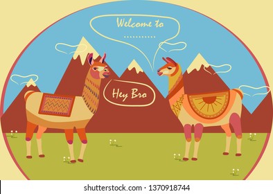 Two llamas on a background of mountains. Place for inscription: Welcome to. Tourist poster. Stylized animal character of South America. 